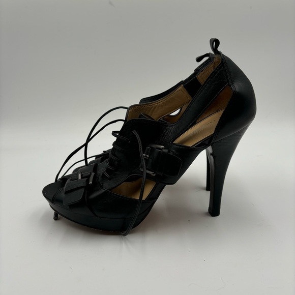 Coach Women’s 8.5 Black Leather Sofia Platform Gladiator Buckle Heels - Picture 1 of 7